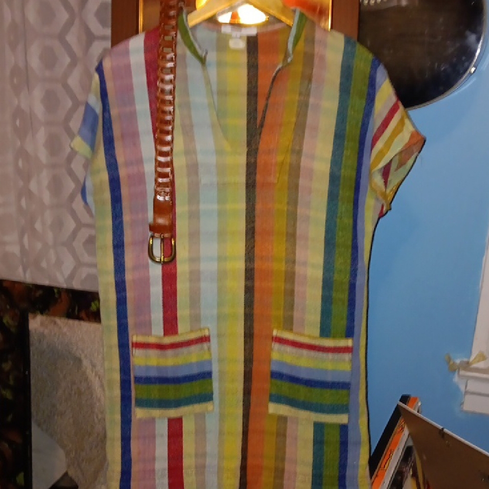 "WARM" Multicolor STRIPED Dress Also Shown W Grain Leather Belt Sold Seperately - Picture 9 of 13